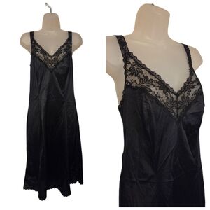Vintage ILGWU Maidenform Black Lace Silky Slip Lingerie Dress Women's Size 36
